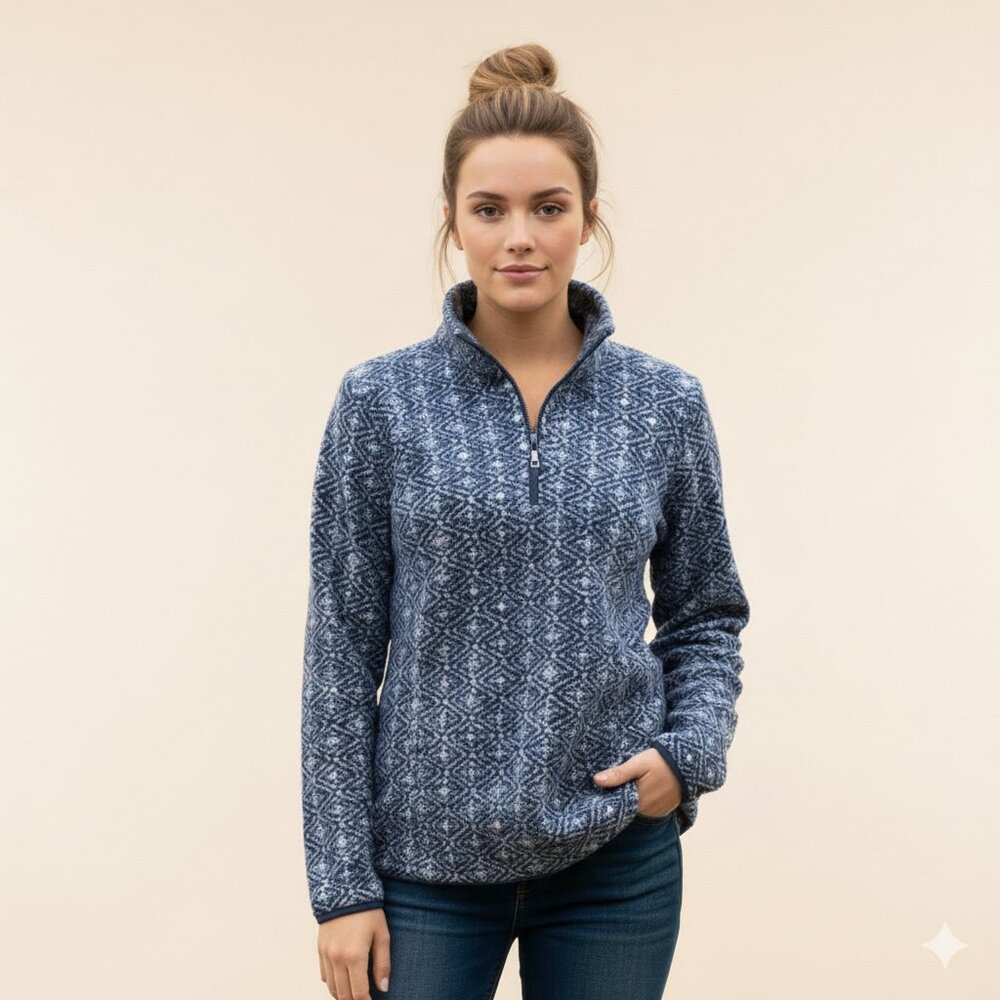 Lands’ End Women’s Fleece Quarter Zip Pullover XL Navy Blue Geometric